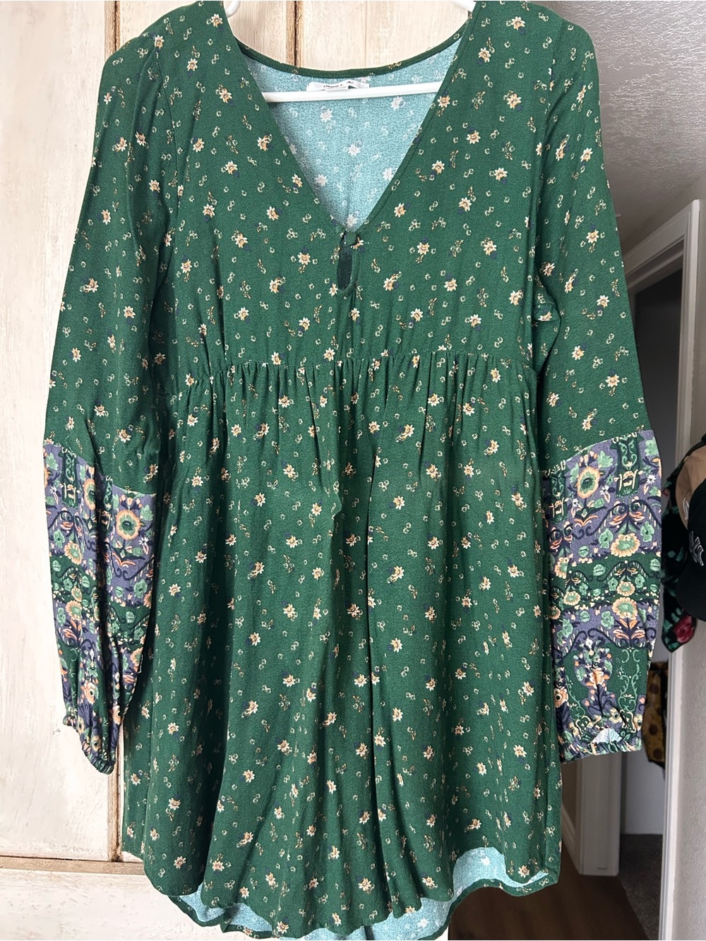 O'Neill Green Floral Babydoll Dress with Patterned Bishop Sleeves